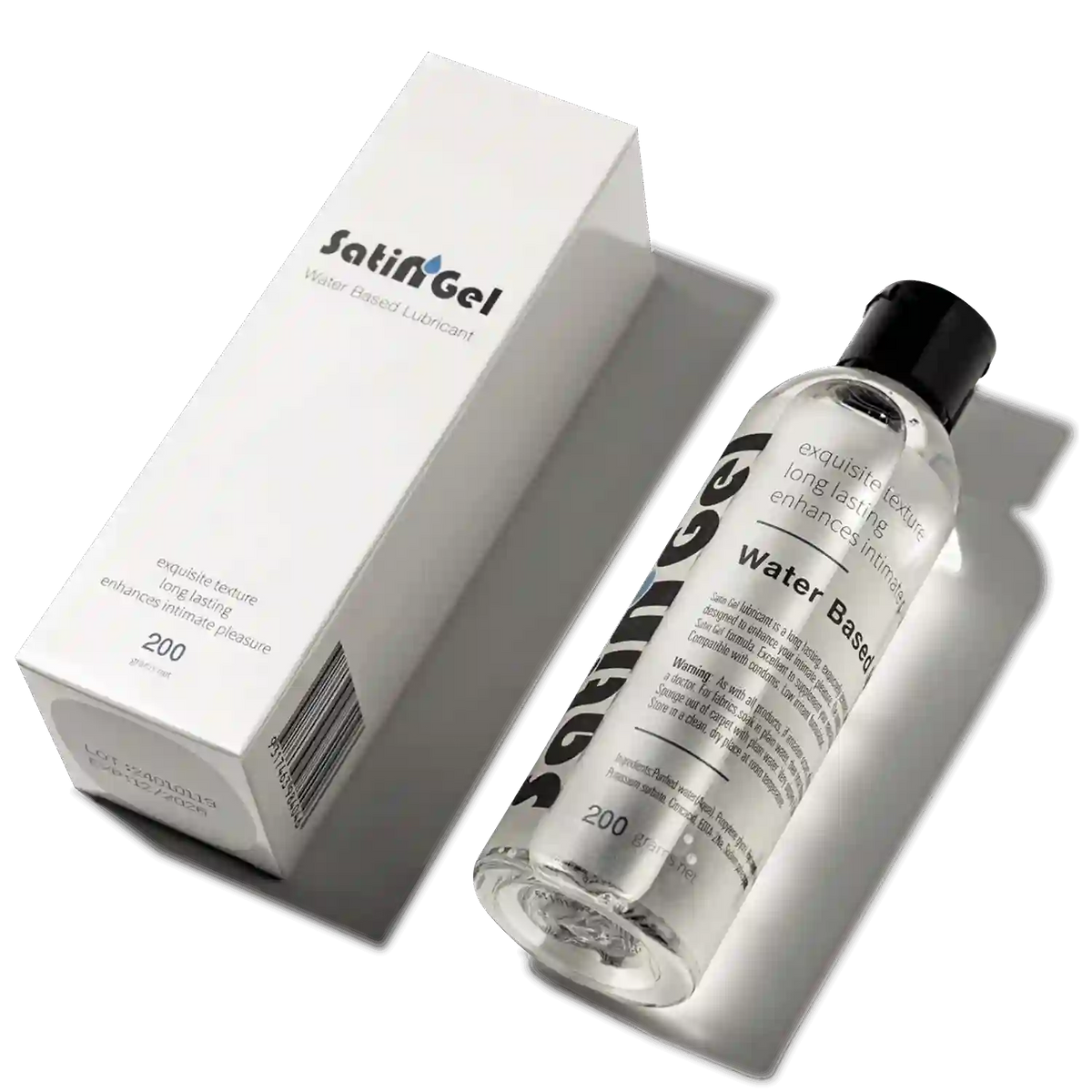 SatinGel water-based lubricant bottle and packaging edible intercourse gel