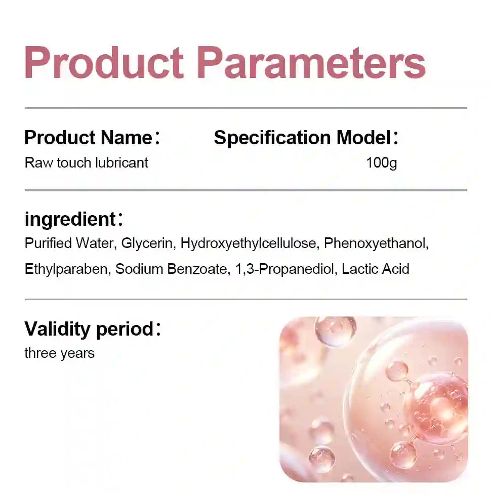 Product parameters card for raw touch lubricant with ingredient list and bubble  images 