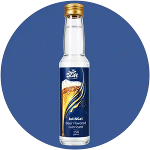 A 150g bottle of The Wet Stuff SalA Gel beer flavored lubricant, featuring a gold cap and a dark blue label with a beer graphic, set against a solid blue circular background.