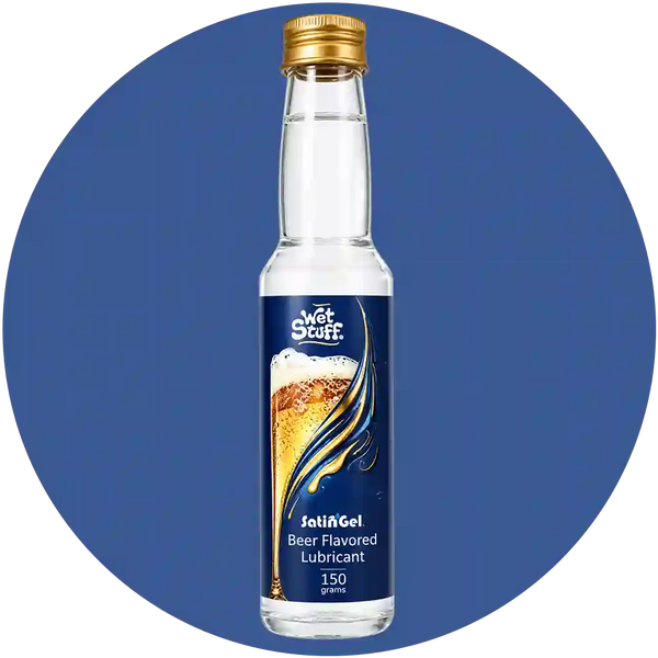 A 150g bottle of The Wet Stuff SalA Gel beer flavored lubricant, featuring a gold cap and a dark blue label with a beer graphic, set against a solid blue circular background.