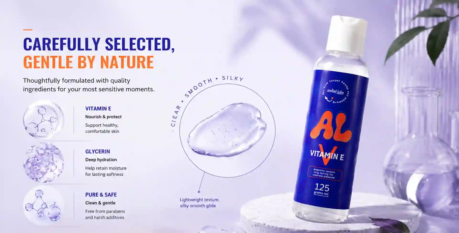 A bottle of AL Vitamin E moisturizer with a blue label and white cap, displayed on a white pedestal with glass beakers and a leaf in a studio setting. The left side features promotional text and ingredient callouts for Vitamin E, Glycerin, and Pure & Safe.