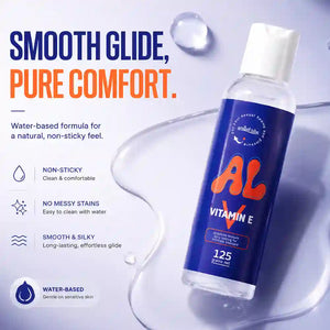 A bottle of Al Vitan E water-based lubricant with a blue label and orange text, shown on a light blue background with text callouts about its non-sticky, water-based formula.