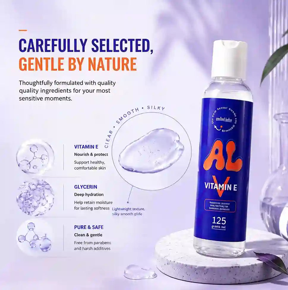 A bottle of Alvitamine Sensitive Cleansing Wash by Muleables, featuring a blue label with orange and white lettering, displayed on a white pedestal with product feature callouts on a light purple background.
