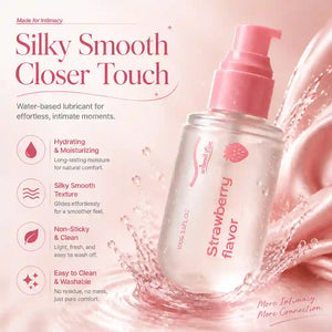 A bottle of Strawberry flavored water-based intimate lubricant with a pink pump dispenser, set against a pink background with water splash graphics and product feature text.