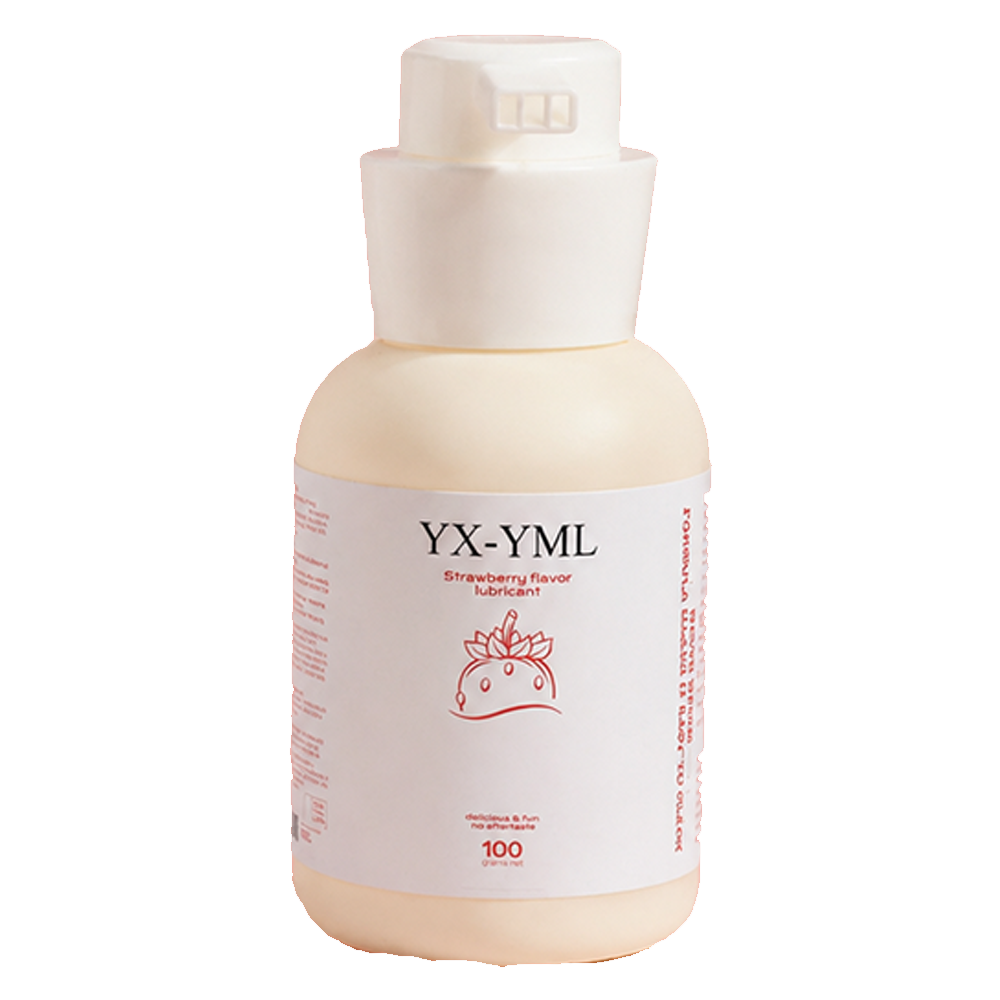 A bottle of YX-YML Strawberry Fever lubricant with a white cap and a white label featuring a red strawberry illustration, set against a plain white background.