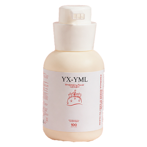 A bottle of YX-YML Strawberry Fever lubricant with a white cap and a white label featuring a red strawberry illustration, set against a plain white background.