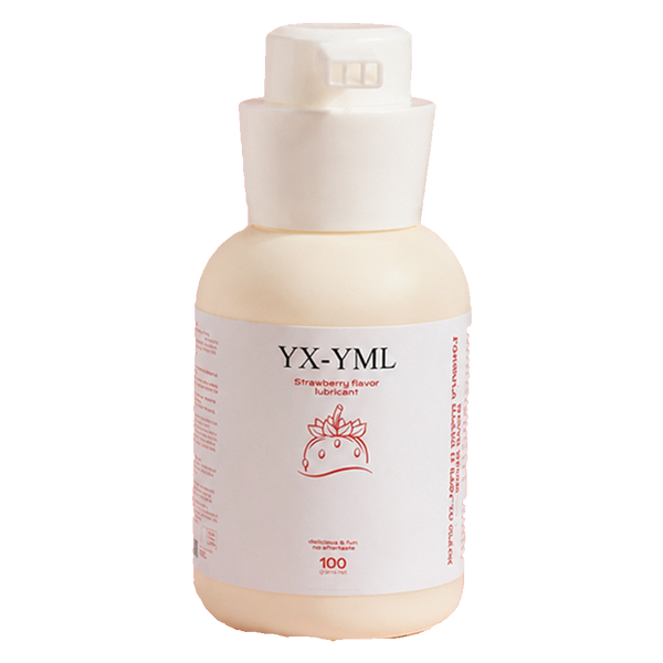 A bottle of YX-YML Strawberry Fever lubricant with a white cap and a white label featuring a red strawberry illustration, set against a plain white background.