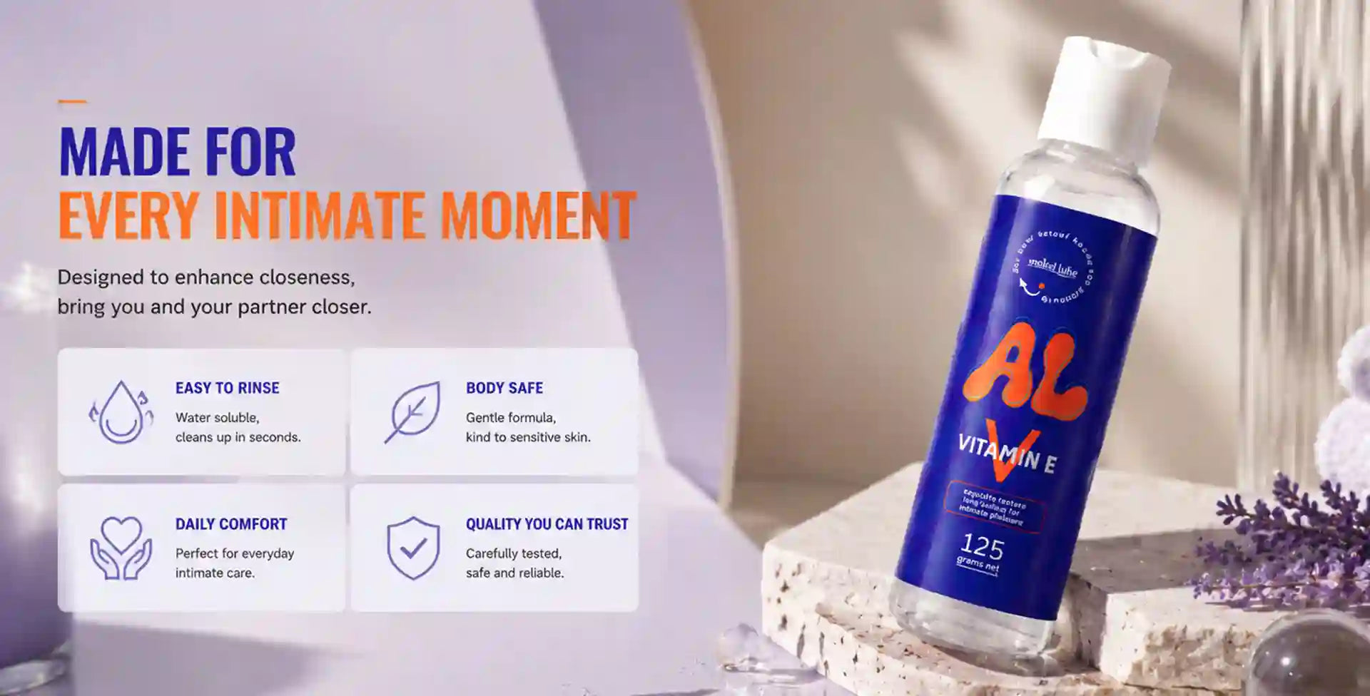 A bottle of intimate care liquid labeled 'AL VITAMINE' stands on a stone slab beside a blurred bathroom-like setting, with marketing text on the left reading 'MADE FOR EVERY INTIMATE MOMENT' and feature callouts below.