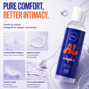 A bottle of intimate lubricant labeled 'AL Vitamin E' by Sensualbe, shown on a light blue and white background with marketing text and feature callouts about water-based formula, smooth silky glide, gentle safety, and toy compatibility.