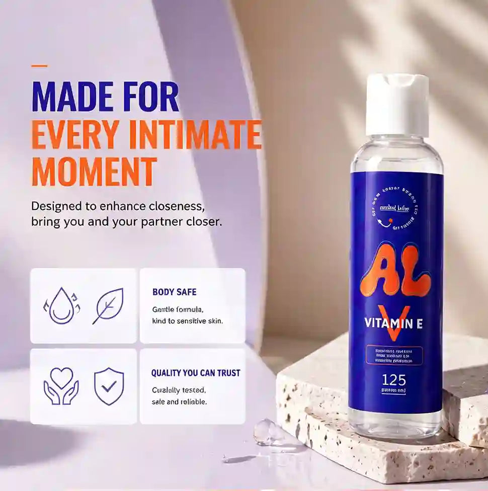 A bottle of intimate moisturizer labeled 'AL VITAMIN E' by 'mehmet bey' stands on a stone pedestal against a softly lit beige and lavender background. Large marketing text on the left reads 'MADE FOR EVERY INTIMATE MOMENT' with icons for body safe, gentle formula, and quality trust.