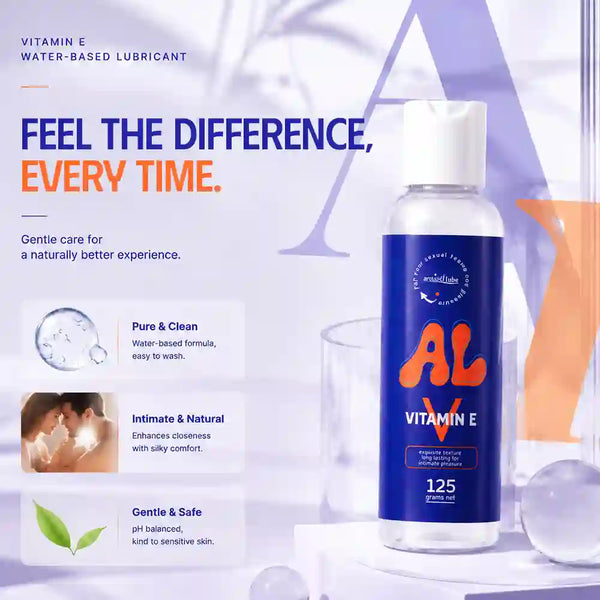 A bottle of water-based intimate lubricant labeled 'Strawberry flavor' with a pink pump, shown on a soft pink background with marketing text and small inset benefit images.