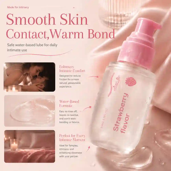 A bottle of water-based intimate lubricant labeled 'Strawberry flavor' with a pink pump, shown on a soft pink background with marketing text and small inset benefit images.