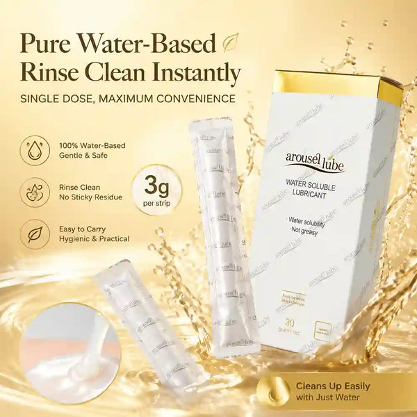 A box and two single-use strips of arousellube water soluble lubricant on a gold water-splashed background with promotional text.