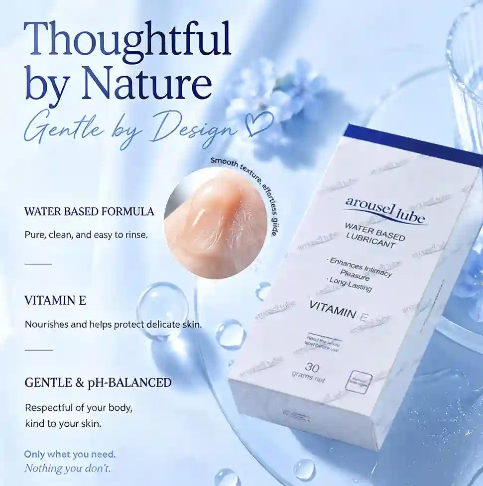 A box of Arousel Lube water-based lubricant is shown on a light blue, water-themed background with promotional text highlighting its gentle, water-based formula and Vitamin E benefits.