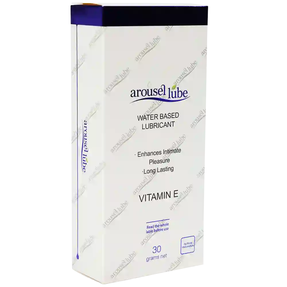 A box of Arouselube Water Based Lubricant, Vitamin E variant, 30 grams net. The packaging is white with a dark blue top band and purple accents, shown on a plain white background with diagonal watermarks.