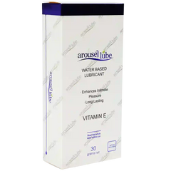A box of Arouselube Water Based Lubricant, Vitamin E variant, 30 grams net. The packaging is white with a dark blue top band and purple accents, shown on a plain white background with diagonal watermarks.