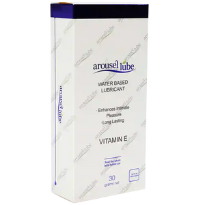 A box of Arouselube Water Based Lubricant, Vitamin E variant, 30 grams net. The packaging is white with a dark blue top band and purple accents, shown on a plain white background with diagonal watermarks.