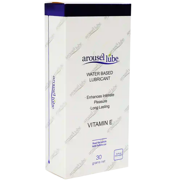 A box of Arouselube Water Based Lubricant, Vitamin E variant, 30 grams net. The packaging is white with a dark blue top band and purple accents, shown on a plain white background with diagonal watermarks.