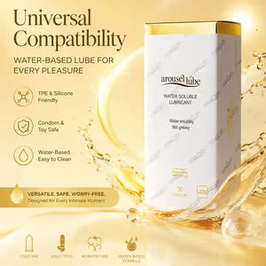 A box of arousellube water soluble lubricant stands on a gold-toned background with liquid splash graphics. The package is white with a metallic gold top and gold text.