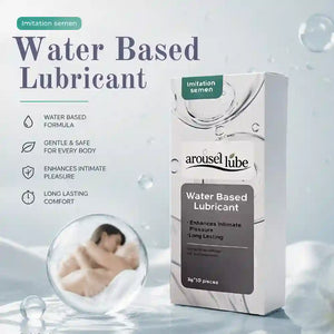 A box of arouselube Water Based Lubricant shown on a light blue and white background with marketing text and small illustrative graphics. The package is white with dark gray and teal accents.
