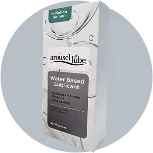 A boxed water-based intimate lubricant package labeled 'arousel lube' with 'Imitation semen' at the top, shown on a light gray background with a circular shadow effect.