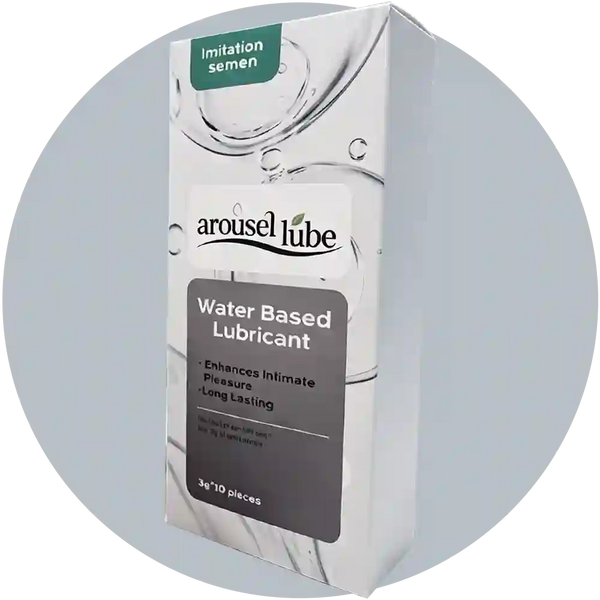 A boxed water-based intimate lubricant package labeled 'arousel lube' with 'Imitation semen' at the top, shown on a light gray background with a circular shadow effect.