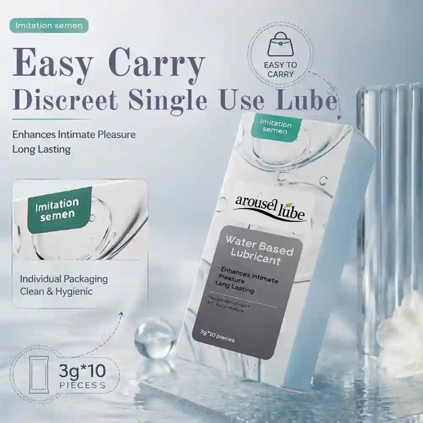 A boxed water-based intimate lubricant product labeled 'arousellube' and 'I imitation semen' shown on a pale blue promotional background with text callouts about easy carry, discreet single-use lube, and 10 pieces of 3g each.