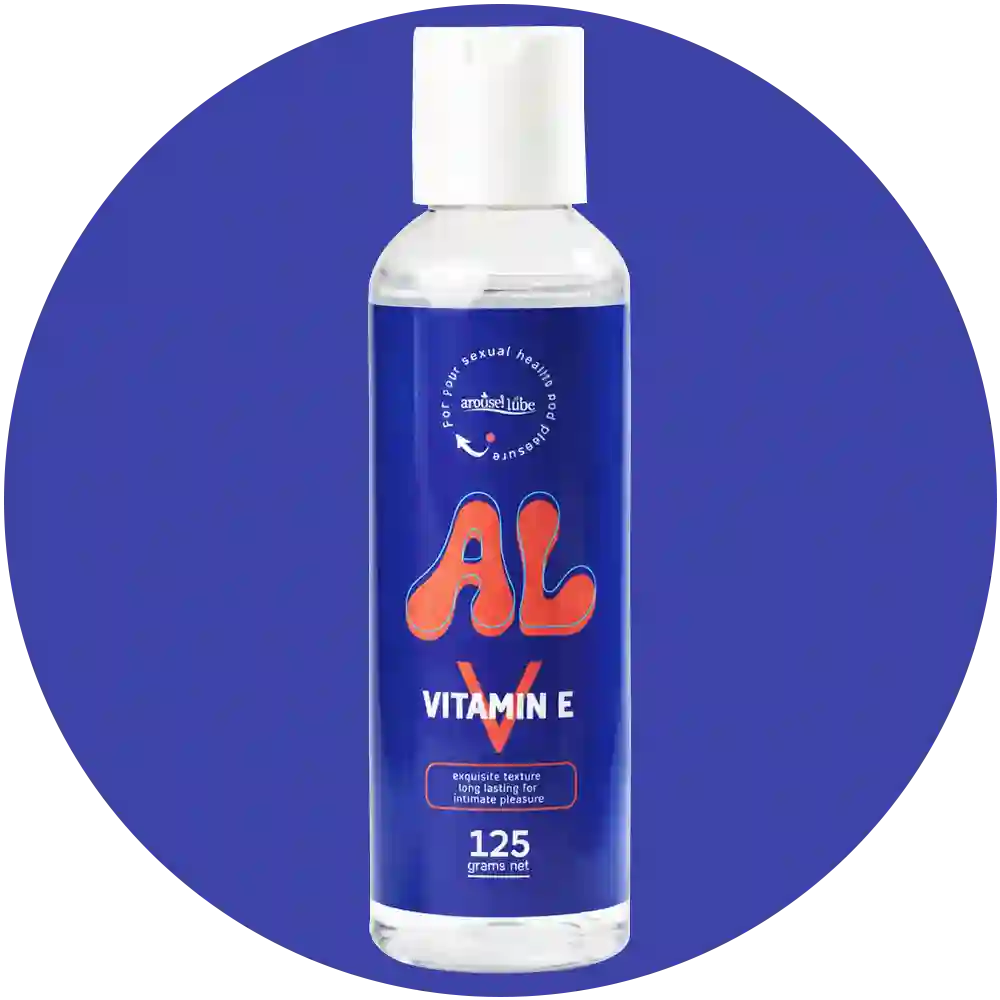 A clear plastic pump bottle of arousellube brand Strawberry Flavor liquid, featuring a pink pump dispenser and pink printed text and logo on a white background.
