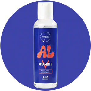 A clear plastic bottle of Vitalife AL Vitamin E with a white cap and a blue label featuring orange and white text, centered on a blue circular background.