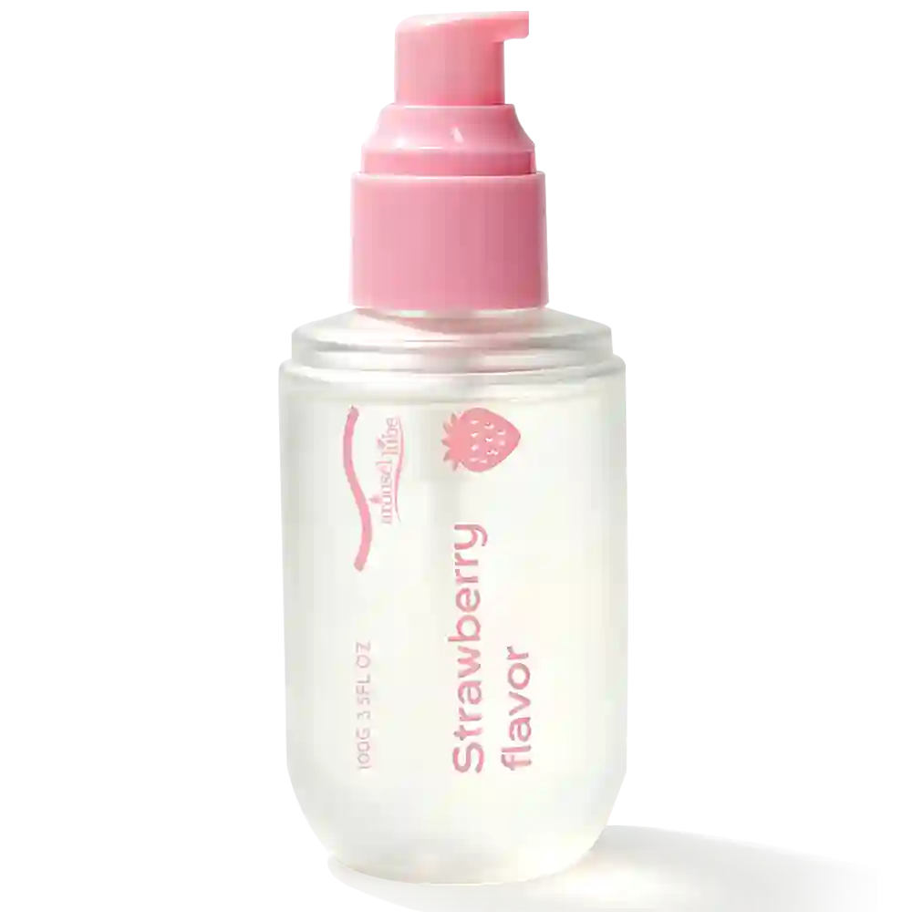 A clear plastic pump bottle of 'natural life' brand Strawberry Flavor liquid, featuring a pink pump dispenser and pink printed text and logo on a white background.