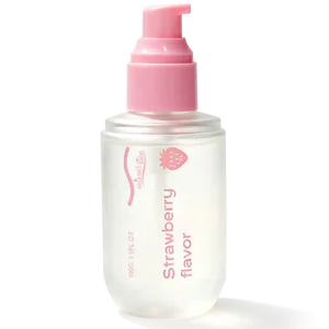 A clear plastic pump bottle of 'natural life' brand Strawberry Flavor liquid, featuring a pink pump dispenser and pink printed text and logo on a white background.