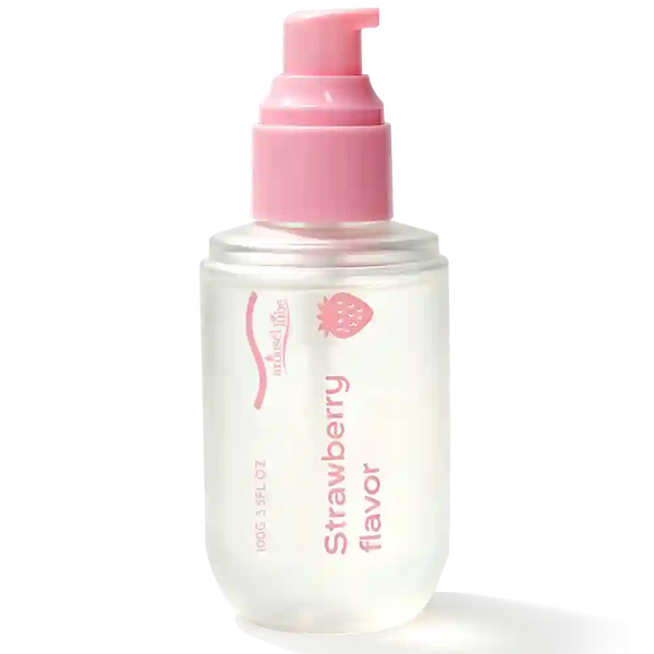 A clear plastic pump bottle of 'natural life' brand Strawberry Flavor liquid, featuring a pink pump dispenser and pink printed text and logo on a white background.