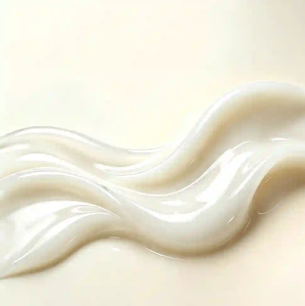 A close-up of a smooth, glossy cream-colored cosmetic or food-like substance swirled across a pale cream background.
