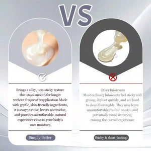 A comparison graphic labeled 'VS' showing two product claims for a lubricant. The left panel, labeled 'Simply Better,' shows a glossy white circular swatch with a check mark and text describing silky, non-sticky texture.