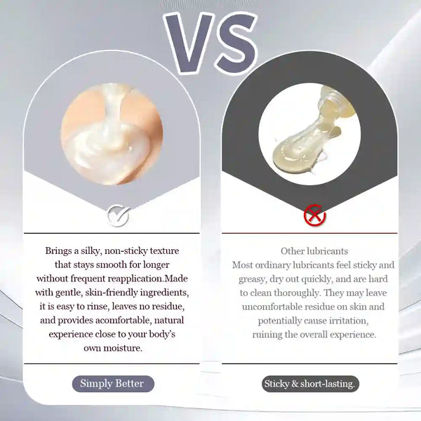 A comparison graphic labeled 'VS' showing two product claims for a lubricant. The left panel, labeled 'Simply Better,' shows a glossy white circular swatch with a check mark and text describing silky, non-sticky texture.