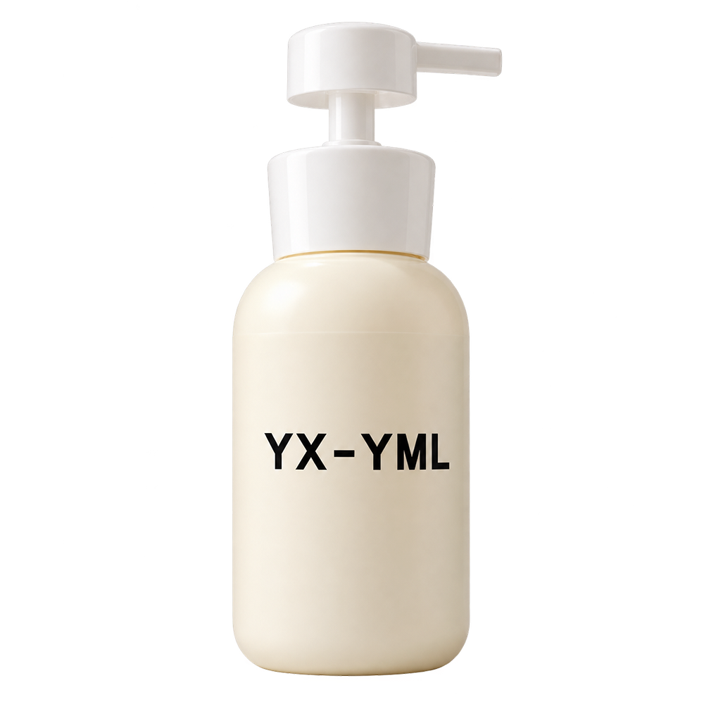 A cream-colored pump bottle with a white pump dispenser, featuring the black text 'YX-YML' on the front, set against a solid white background.