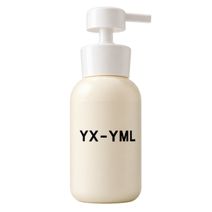 A cream-colored pump bottle with a white pump dispenser, featuring the black text 'YX-YML' on the front, set against a solid white background.