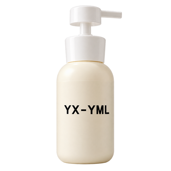A cream-colored pump bottle with a white pump dispenser, featuring the black text 'YX-YML' on the front, set against a solid white background.