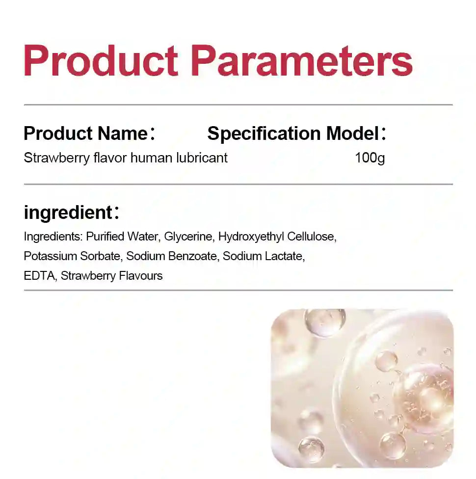 A product information card titled 'Product Parameters' with text identifying a strawberry flavor human lubricant, 100g, listing ingredients such as purified water, glycerine, hydroxyethyl cellulose, potassium sorbate, sodium benzoate, sodium lactate, and EDTA. A small inset photo of translucent gel droplets appears in the lower right.