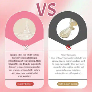 A promotional comparison graphic with the word 'VS' at the top, showing two product benefit panels. The left pink panel says 'Simply Better' with a glossy droplet image and claims silky non-sticky texture.