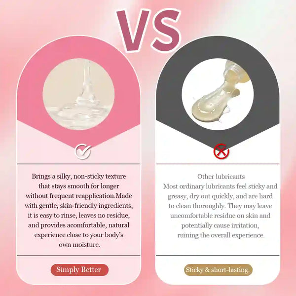 A promotional comparison graphic with the word 'VS' at the top, showing two product benefit panels. The left pink panel says 'Simply Better' with a glossy droplet image and claims silky non-sticky texture.