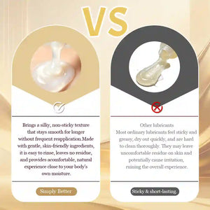 A promotional comparison graphic with the word 'VS' at the top, showing two product comparison panels. The left panel has a purple arch and shows a clear, silky lubricant droplet with text calling it 'Simply Better.