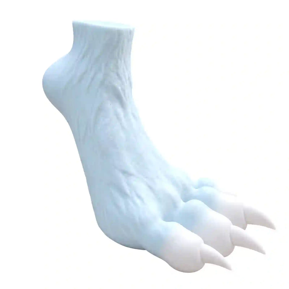 A white and light blue faux fur paw claw accessory, likely for a costume or pet toy, shown against a plain white background.