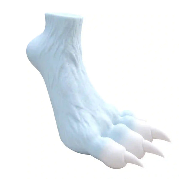 A single white clawed sock or prosthetic foot with textured fur-like detailing, shown on a plain white background.