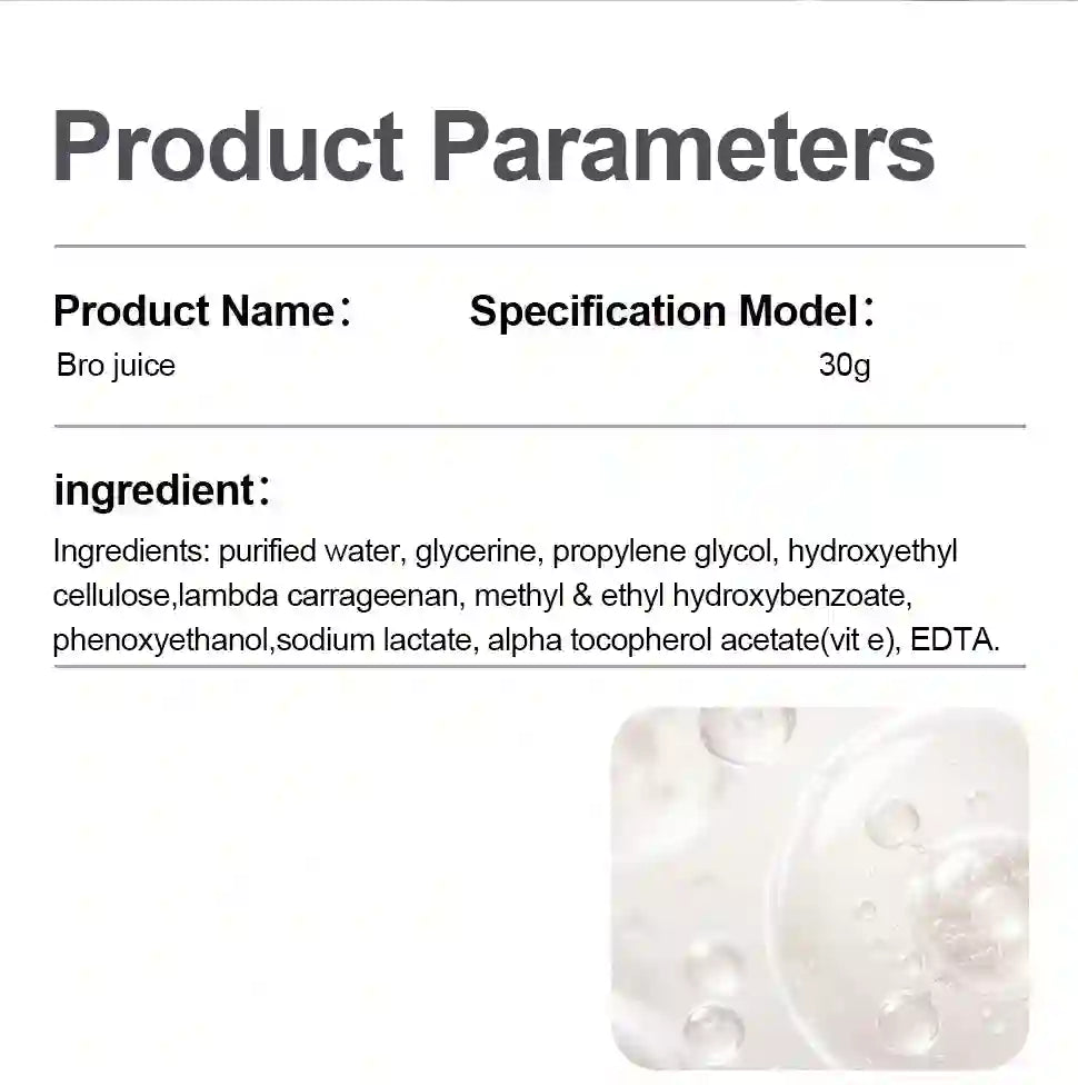 A white information card titled 'Product Parameters' with text listing product name 'Bro juice', specification model '30g', and ingredient list, plus a small close-up photo of a translucent gel or liquid sample in the bottom right corner.