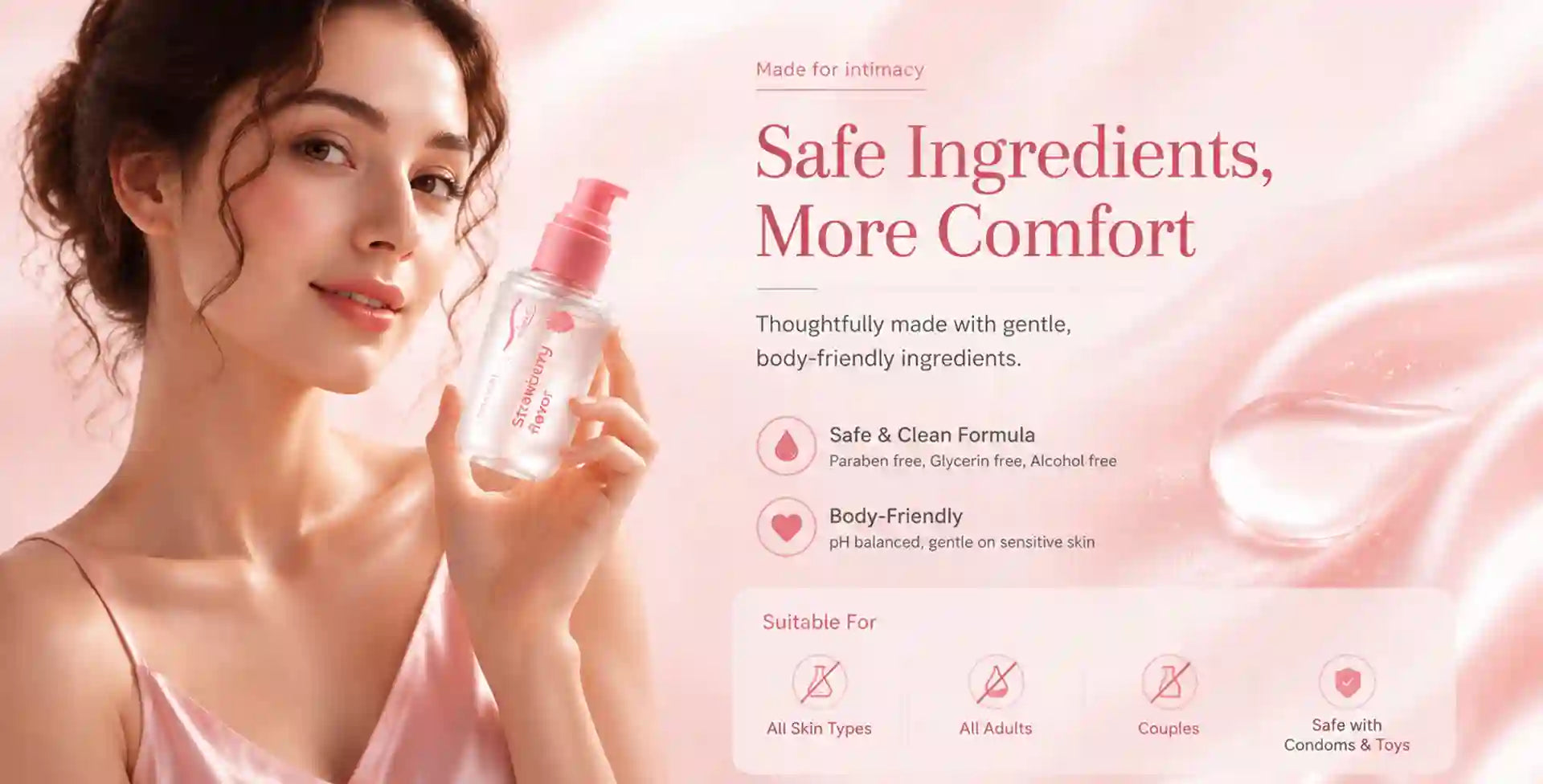 A woman in a pink personal lubricant holds a clear spray bottle with a pink nozzle against a soft pink background with text reading 'Safe Ingredients, More Comfort' and product benefits.