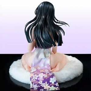 Anime-style female figure shown from the back, seated cross-legged on a white fluffy cushion. The figure has long black hair and wears a purple floral kimono-style dress with a white tassel at the back.
