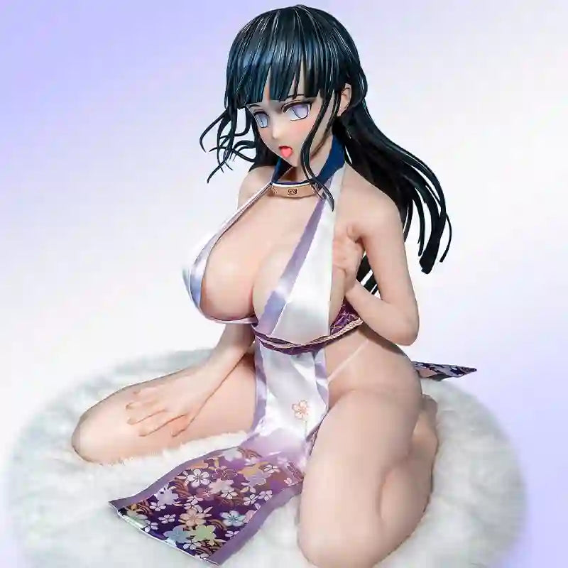 Anime-style female figurine with long black hair, pale skin, and a purple floral kimono-style dress, posed kneeling on a white faux-fur rug against a soft lavender gradient background.