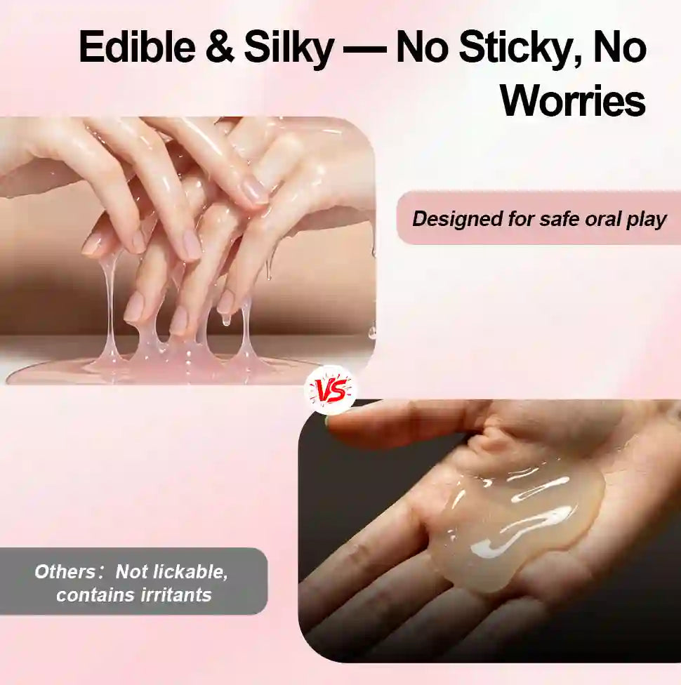 Arousellube Edible gel being stretched between hands with text highlighting safety and texture.