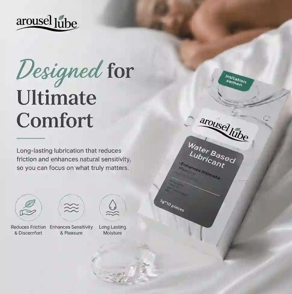 Arousellube Water Based Lubricant retail package shown on white bedding with a blurred couple in the background, alongside marketing text and icons about comfort and sensitivity.